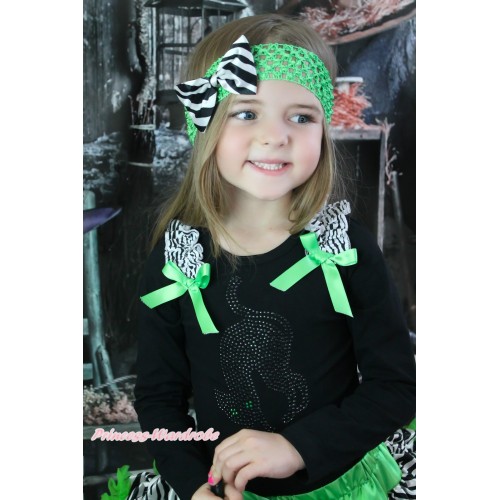 Halloween Black Long Sleeves Top Zebra Ruffles Dark Green Bow & Sparkle Rhinestone Black Cat Print TO389